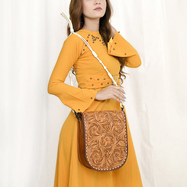 ADBG1418 American Darling Hand-Tooled Western Leather Small Crossbody Bag | Genuine Floral Carved Purse
