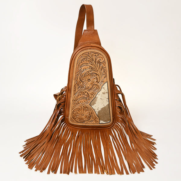 ADBG1425 American Darling Western Leather Sling Bag with Hand-Tooled Detailing & Hair-On Cowhide Fringe | Crossbody