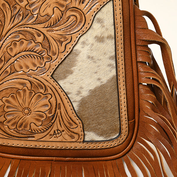ADBG1425 American Darling Western Leather Sling Bag with Hand-Tooled Detailing & Hair-On Cowhide Fringe | Crossbody