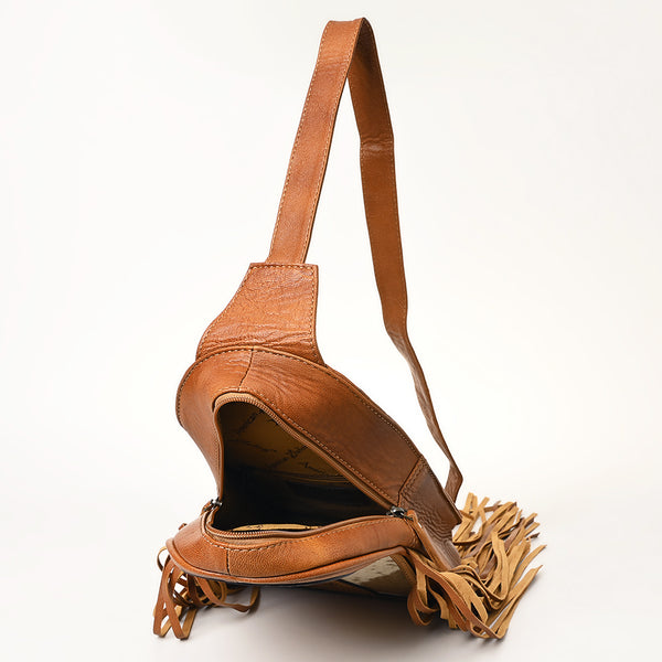 ADBG1425 American Darling Western Leather Sling Bag with Hand-Tooled Detailing & Hair-On Cowhide Fringe | Crossbody