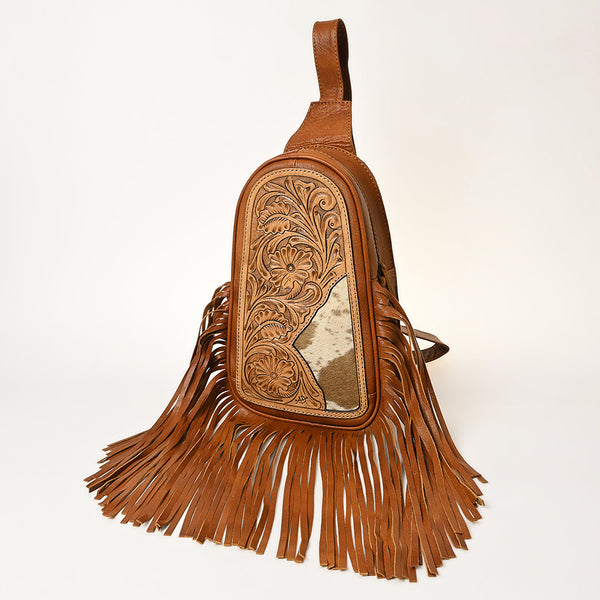 ADBG1425 American Darling Western Leather Sling Bag with Hand-Tooled Detailing & Hair-On Cowhide Fringe | Crossbody