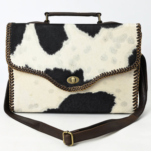 ADBGM377 Hair-On Cowhide Messenger Bag with Top Handle & Turn Lock - Western Briefcase Messenger