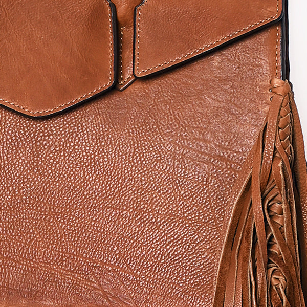 ADBGM380 Tan Leather Fringe Tote with Sculpted Flap - Handmade Western Statement Handbag