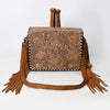 ADBGZ800 Hand-Tooled Leather Fringe Backpack Bag - Western Floral Crossbody in Saddle Tan