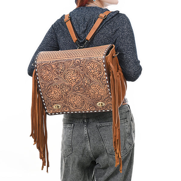 ADBGZ800 Hand-Tooled Leather Fringe Backpack Bag - Western Floral Crossbody in Saddle Tan