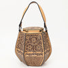 LC-ADBGZ804 Hexagon Hand-Tooled Leather Tote Bag - Western Floral Artisan Purse in Natural Tan