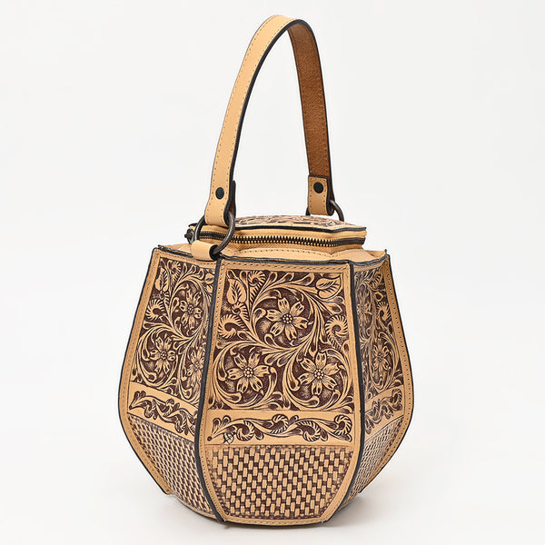 LC-ADBGZ804 Hexagon Hand-Tooled Leather Tote Bag - Western Floral Artisan Purse in Natural Tan