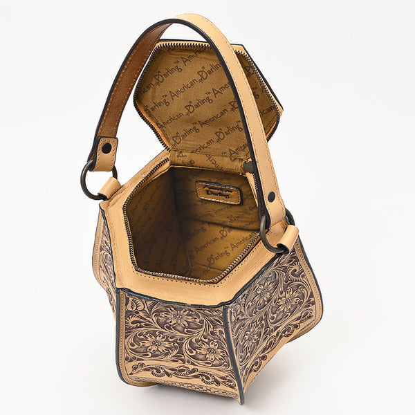 LC-ADBGZ804 Hexagon Hand-Tooled Leather Tote Bag - Western Floral Artisan Purse in Natural Tan