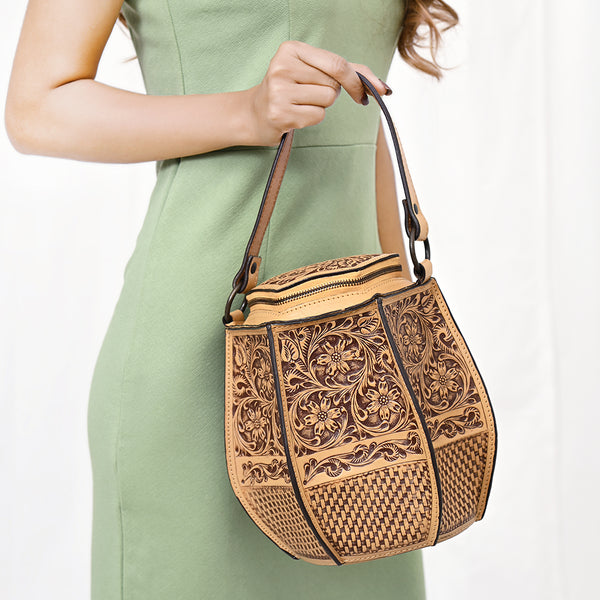 LC-ADBGZ804 Hexagon Hand-Tooled Leather Tote Bag - Western Floral Artisan Purse in Natural Tan
