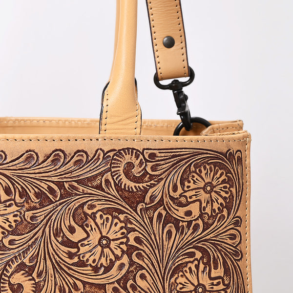 LC-ADBGZ805 Hand-Tooled Leather Satchel Tote - Western Floral Design with Crossbody Strap in Natural Tan