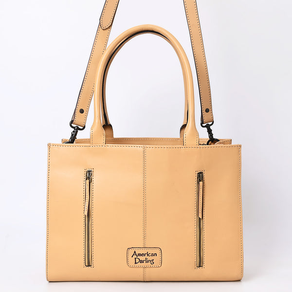 LC-ADBGZ805 Hand-Tooled Leather Satchel Tote - Western Floral Design with Crossbody Strap in Natural Tan