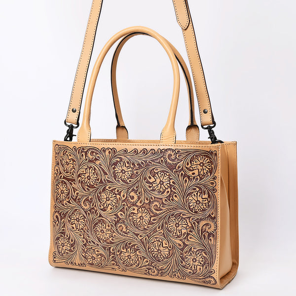 LC-ADBGZ805 Hand-Tooled Leather Satchel Tote - Western Floral Design with Crossbody Strap in Natural Tan