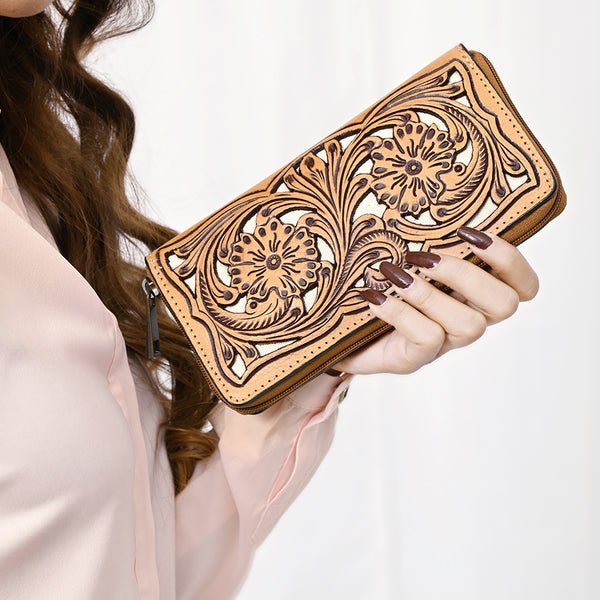 ADBGZ810 Hand-Tooled Leather Wallet - Western Floral Zip Wallet with Inlay