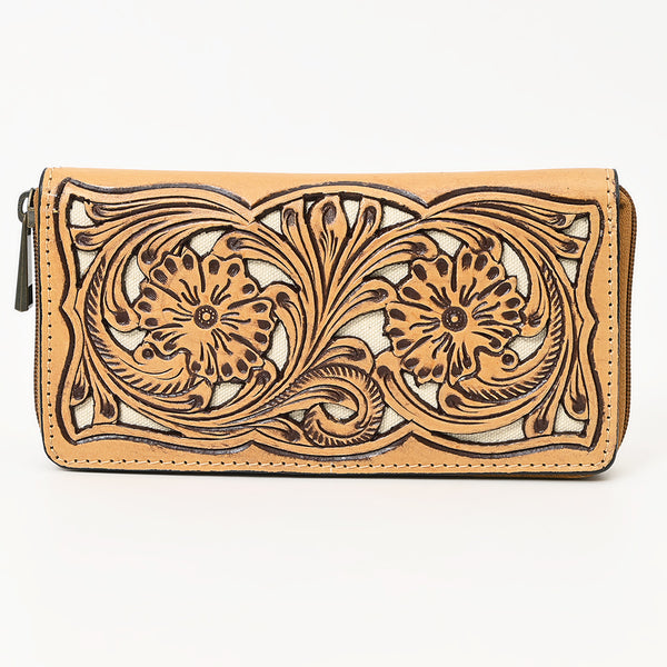 ADBGZ810 Hand-Tooled Leather Wallet - Western Floral Zip Wallet with Inlay