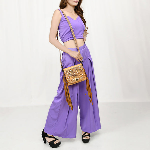 ADBGZ811 Hand-Tooled Mini Crossbody Bag - Western Floral Inlay with Fringe & Tooled Strap