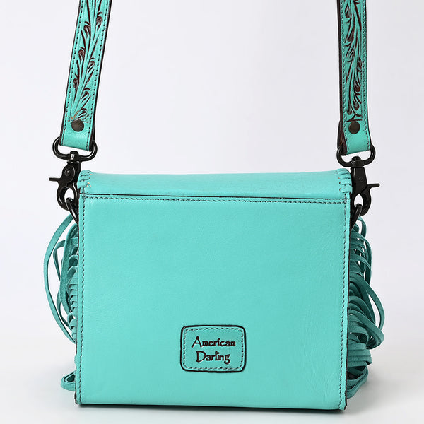 ADBGZ811 Hand-Tooled Mini Crossbody Bag - Western Floral Inlay with Fringe & Tooled Strap