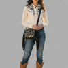 ADBGZ811C Black Hand-Tooled Mini Crossbody Bag - Western Floral Fringe Purse with Cream Inlay
