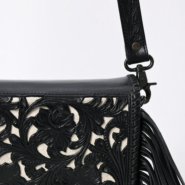 ADBGZ811C Black Hand-Tooled Mini Crossbody Bag - Western Floral Fringe Purse with Cream Inlay