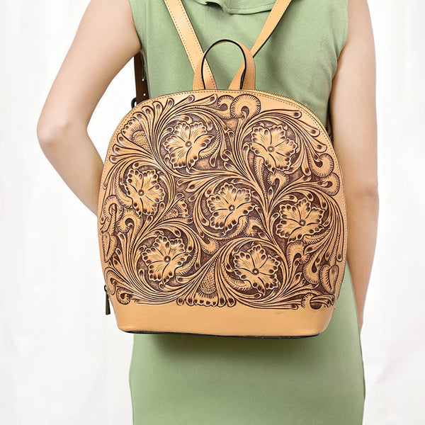 ADBGZ813 Hand-Tooled Leather Backpack - Western Floral Design in Natural Tan