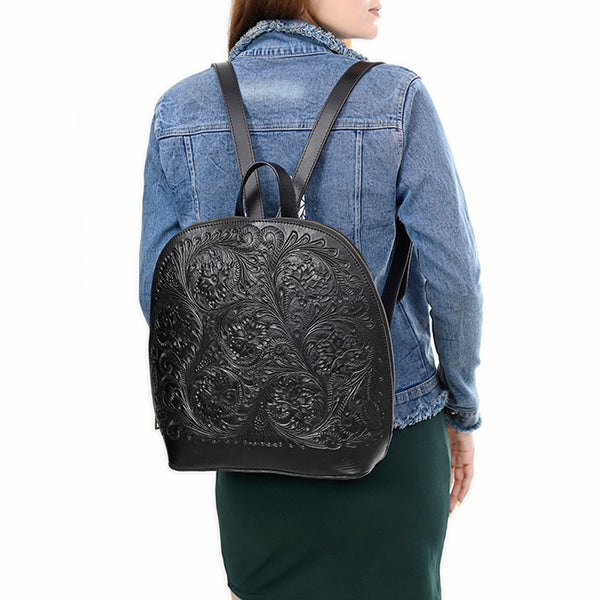 ADBGZ814 Black Hand-Tooled Leather Backpack - Western Floral Carved Daypack