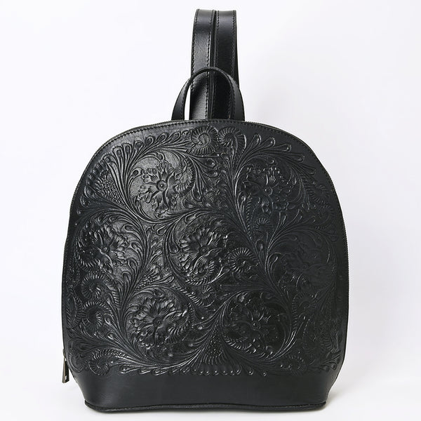 ADBGZ814 Black Hand-Tooled Leather Backpack - Western Floral Carved Daypack