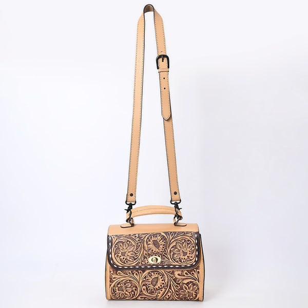 LC-ADBGZ815 Hand-Tooled Leather Top Handle Tote Bag - Western Floral Flap Purse with Strap in Natural Tan