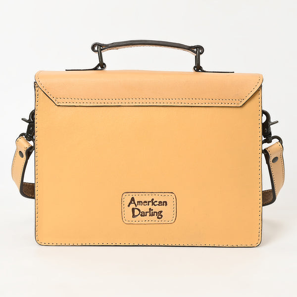ADBGZ816 Western Leather Briefcase Bag - Hand-Tooled Floral Buckle Strap Purse in Natural Tan