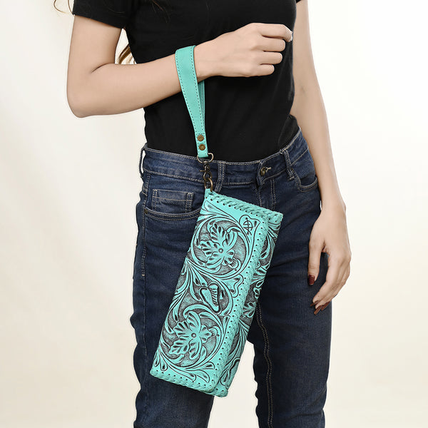 ADBG1106 American Darling Hand-Tooled Leather Western Wristlet Handbag Genuine Leather Floral Carved Wristlet