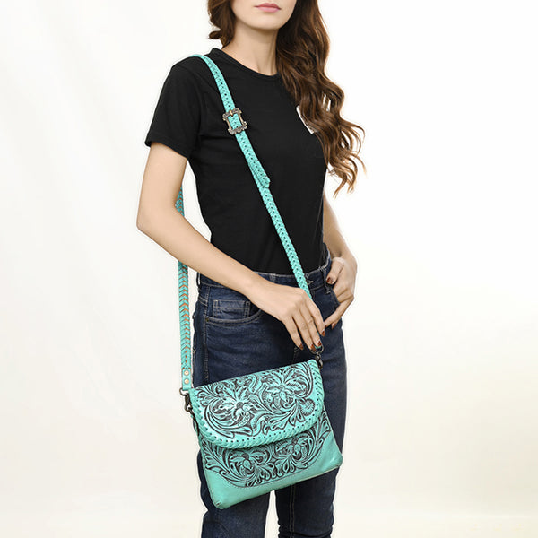 ADBG1108 American Darling Handcrafted Leather Western Crossbody Bag Hand-Tooled Floral Carving with Genuine Leather