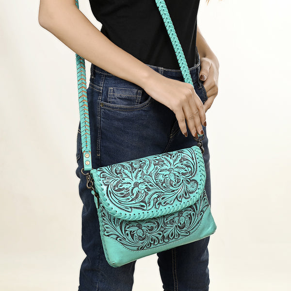 ADBG1108 American Darling Handcrafted Leather Western Crossbody Bag Hand-Tooled Floral Carving with Genuine Leather
