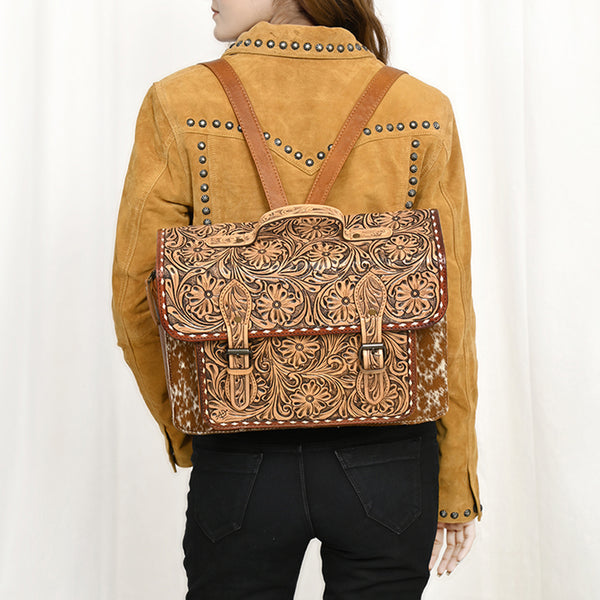 ADBG1426 American Darling Western Leather Hand-Tooled Backpack Bag with Genuine Leather & Cowhide Detail