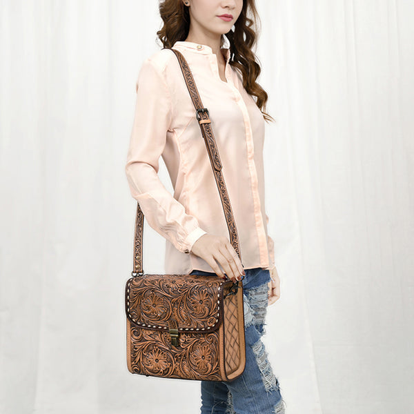 ADBG1428 American Darling Handcrafted Western Leather Messenger Bag with Floral Tooling Genuine Leather Crossbody
