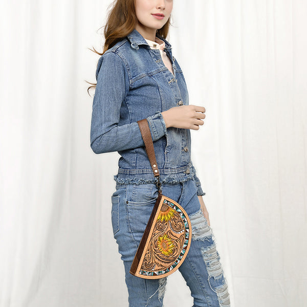 ADBG1433 American Darling Hand-Tooled Genuine Leather Western Taco Bag | Floral Carved Artisan Wristlet