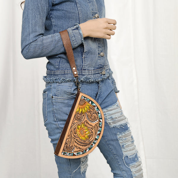 ADBG1433 American Darling Hand-Tooled Genuine Leather Western Taco Bag | Floral Carved Artisan Wristlet