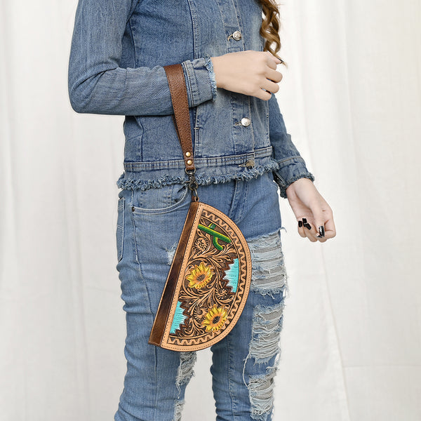 ADBG1433 American Darling Hand-Tooled Genuine Leather Western Taco Bag | Floral Carved Artisan Wristlet