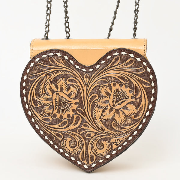 ADBGZ819 Heart-Shaped Hand-Tooled Leather Crossbody Canteen Bag with Chain Strap