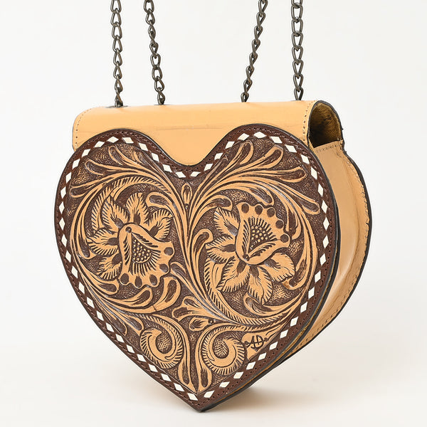 ADBGZ819 Heart-Shaped Hand-Tooled Leather Crossbody Canteen Bag with Chain Strap
