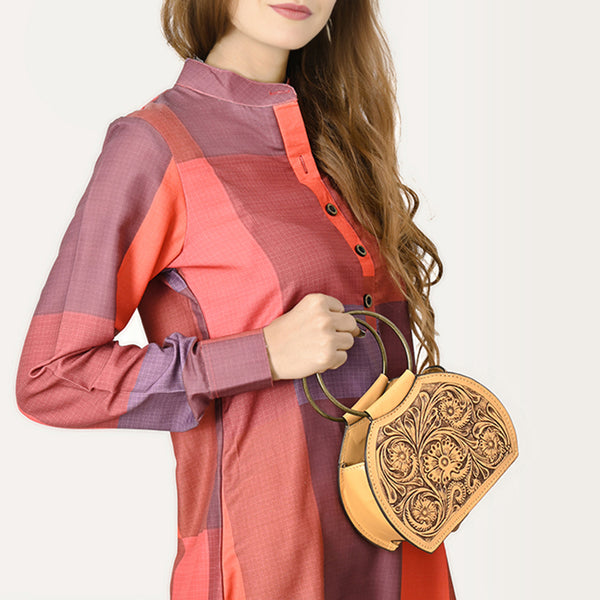 ADBGZ822 Hand-Tooled Leather Western Ring Handle Clutch Bag - Floral Design