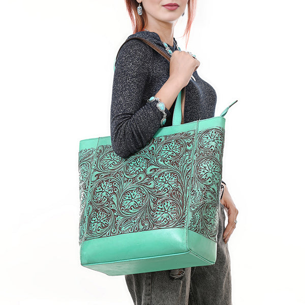 ADBGZ825 Hand-Tooled Leather Western Tote Bag - Large Floral Design
