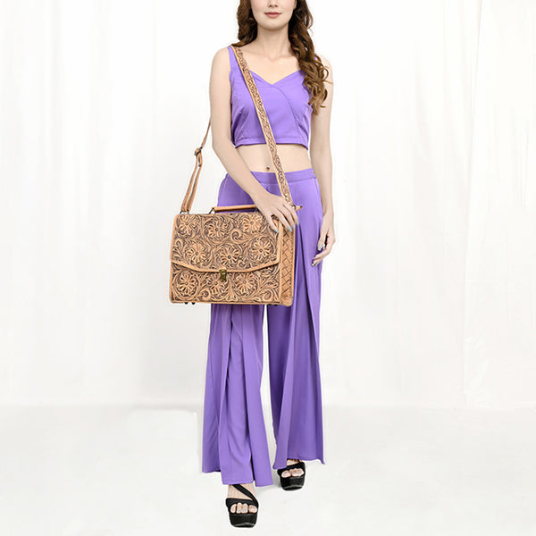 ADBG1437 American Darling Western Hand-Tooled Leather Briefcase Bag Floral Carved Genuine Leather Work Bag