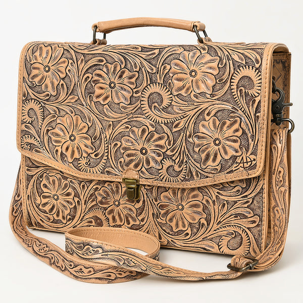 ADBG1437 American Darling Western Hand-Tooled Leather Briefcase Bag Floral Carved Genuine Leather Work Bag