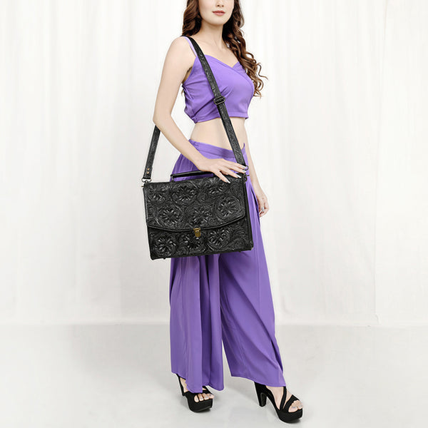 ADBG1437 American Darling Western Hand-Tooled Leather Briefcase Bag Floral Carved Genuine Leather Work Bag