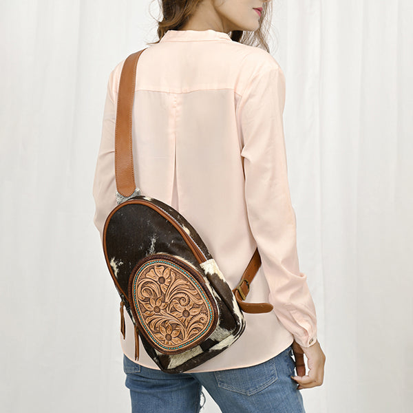 ADBGA548 American Darling Hand Tooled Floral Leather Hair-On Cowhide Sling Bag