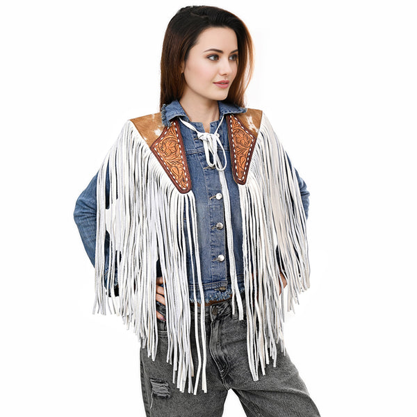 ADJW111 Western Fringe Shoulder Yoke with Hand-Tooled Leather & Cowhide Accent Jewelry Necklace