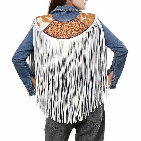ADJW111 Western Fringe Shoulder Yoke with Hand-Tooled Leather & Cowhide Accent Jewelry Necklace