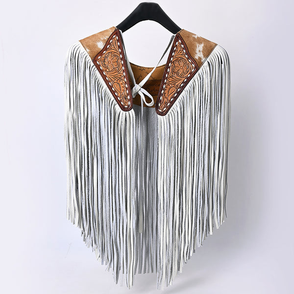 ADJW111 Western Fringe Shoulder Yoke with Hand-Tooled Leather & Cowhide Accent Jewelry Necklace