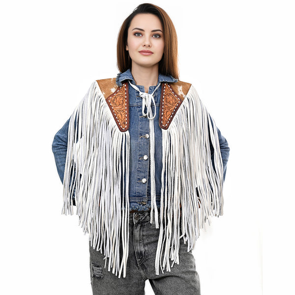 ADJW111 Western Fringe Shoulder Yoke with Hand-Tooled Leather & Cowhide Accent Jewelry Necklace