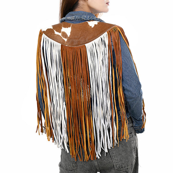 ADJW111 Western Fringe Shoulder Yoke with Hand-Tooled Leather & Cowhide Accent Jewelry Necklace