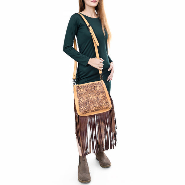 ADBGZ826 Hand-Tooled Leather Fringe Messenger Bag Western Floral Saddle Style