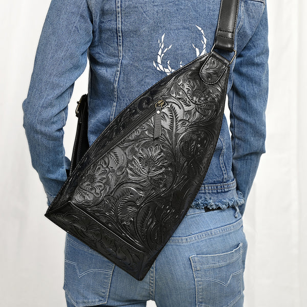 ADBG1443 American Darling Hand-Tooled Western Leather Sling Bag | Genuine Leather Floral Carved Crossbody